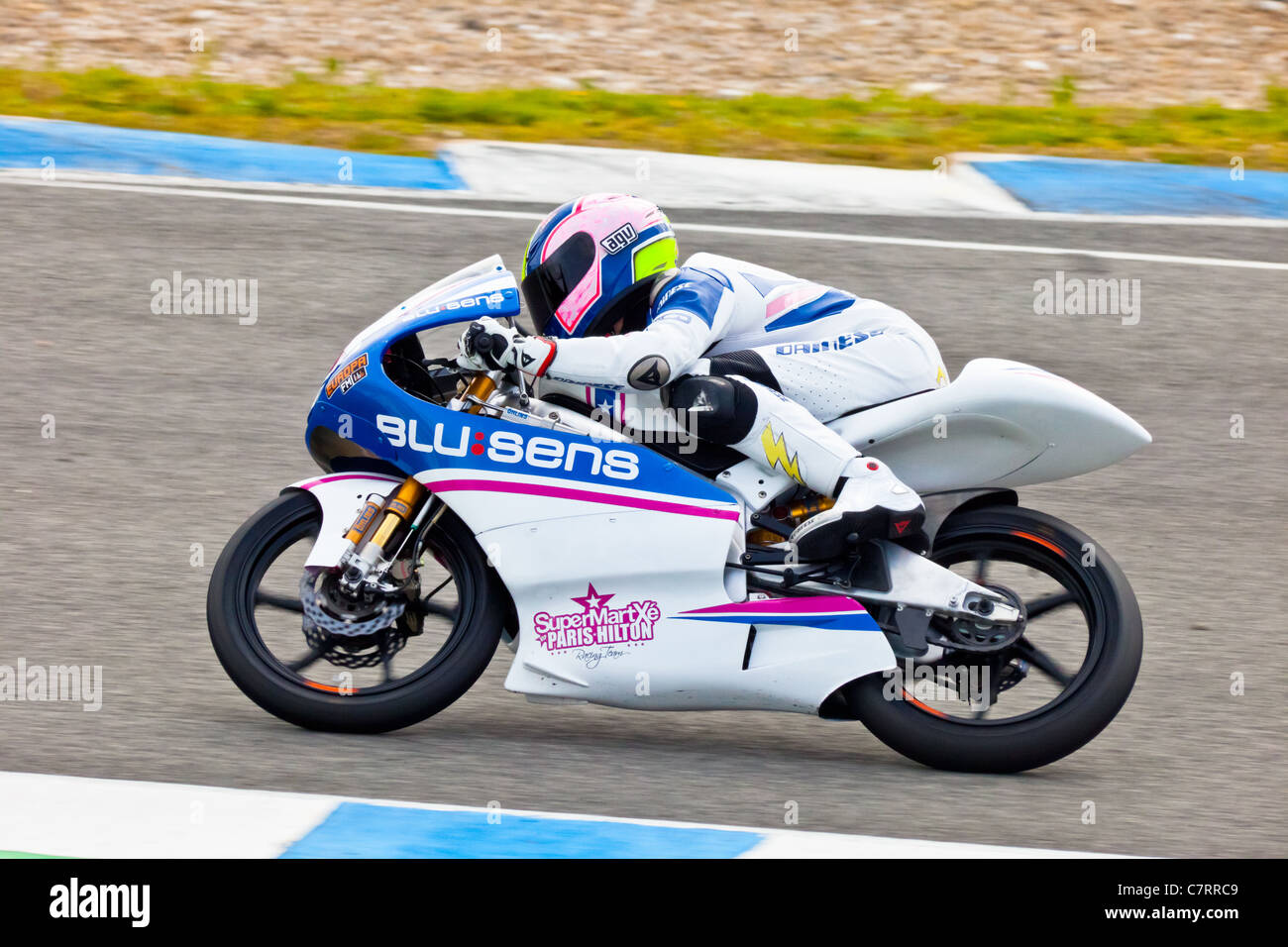 125cc pilot Sergio Gadea races on the official training of the world championship of MotoGP Stock Photo