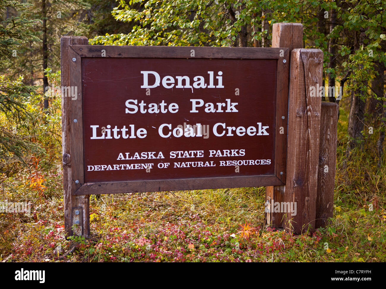 DENALI STATE PARK, ALASKA, USA - Sign for Denali State Park, Little Coal Creek hiking trailhead. Stock Photo