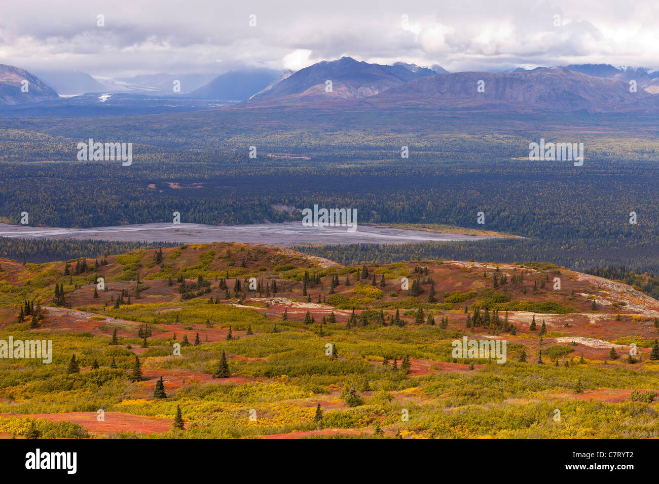 DENALI STATE PARK, ALASKA, USA - Kesugi Ridge autumn tundra. Chulitna River valley in distance. Stock Photo