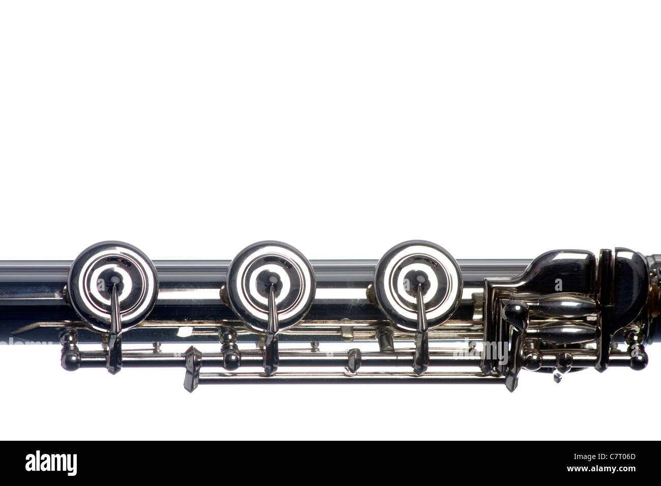 A section of flute keys isolated against as white background in the