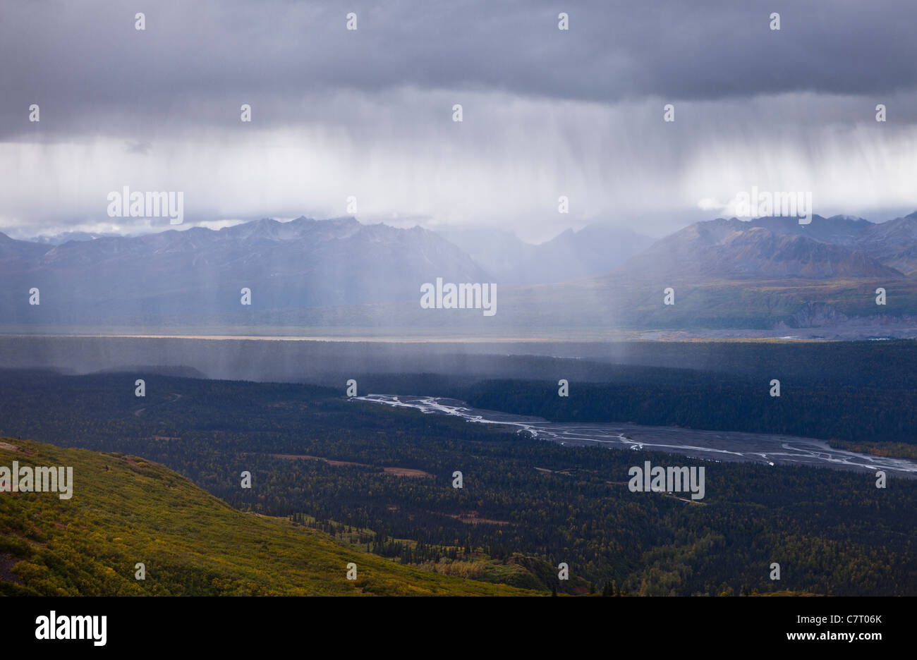 DENALI STATE PARK, ALASKA, USA - Rain storm in Chulitna River valley, seen from Kesugi Ridge. Stock Photo