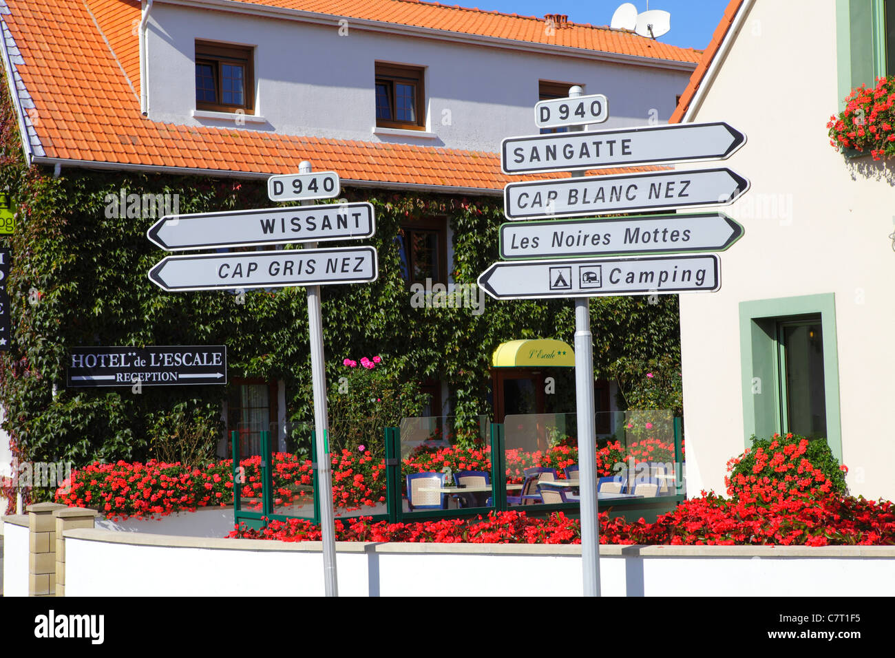 French road direction signs outside Hotel L'Escale Cap Blanc Nez near Calais France Stock Photo