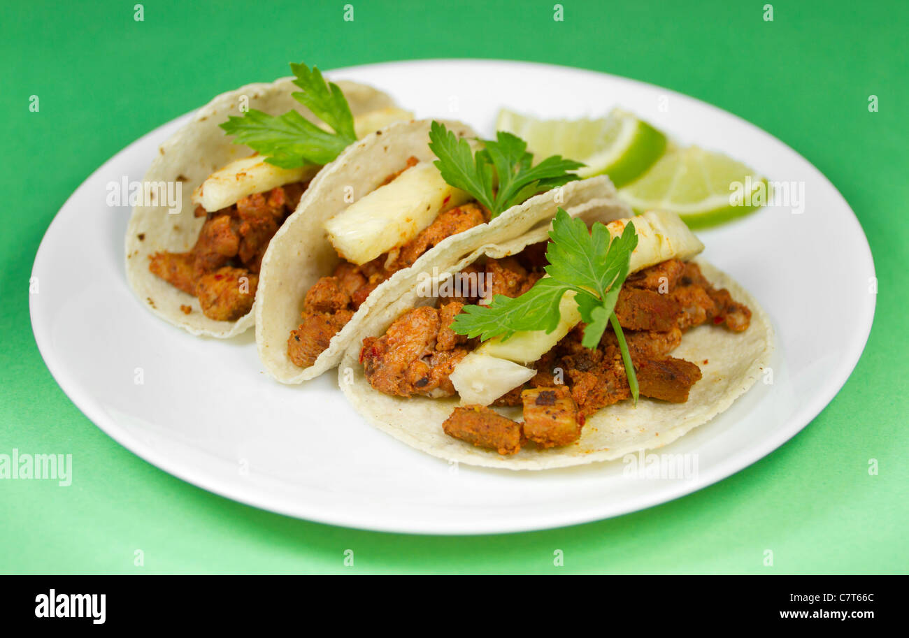 Tacos Al Pastor Mexican Traditional Dish. Stock Photo