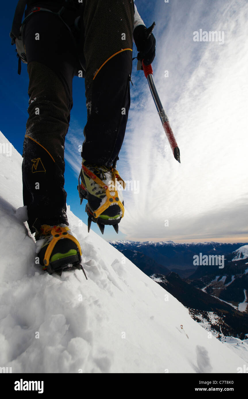 Detail of Crampons While Ice Climbing Stock Photo