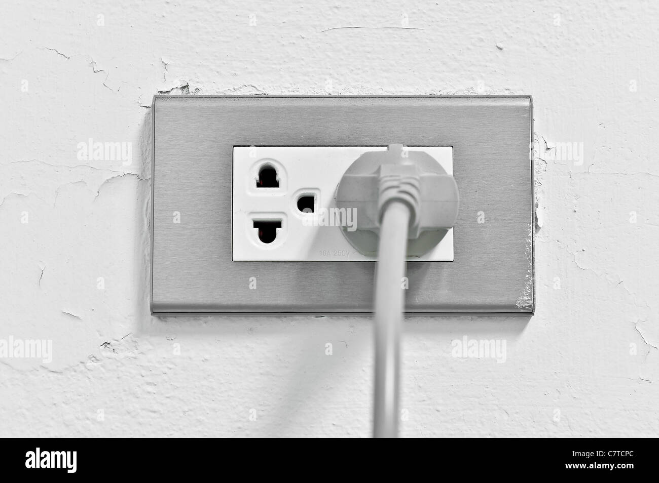 Double electrical power socket and single plug switched on, white