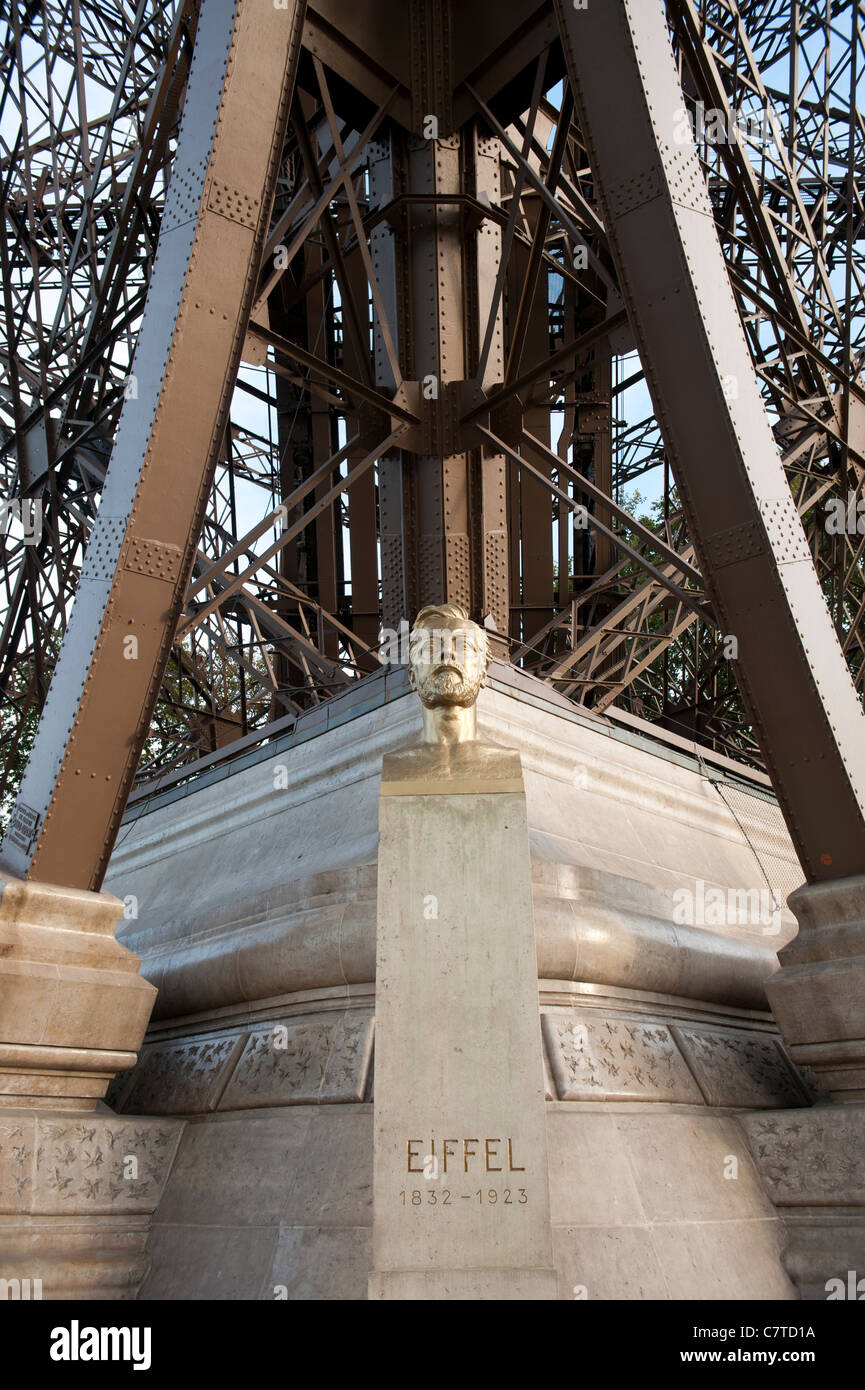 Paris, France. The Eiffel Tower and bust of Gustave Eiffel. Stock Photo