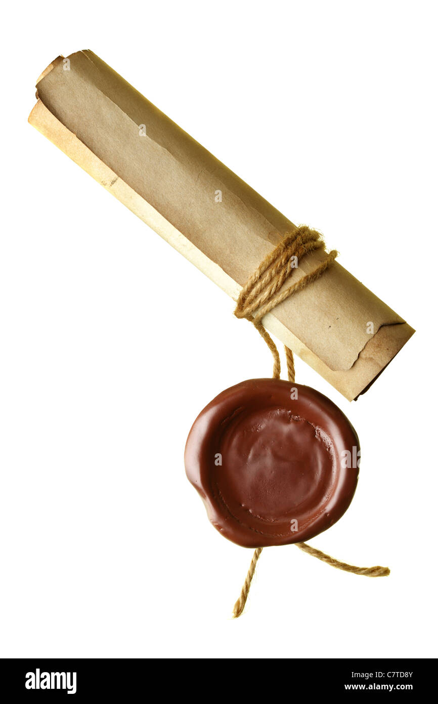 Scroll with wax seal isolated over a white background Stock Photo