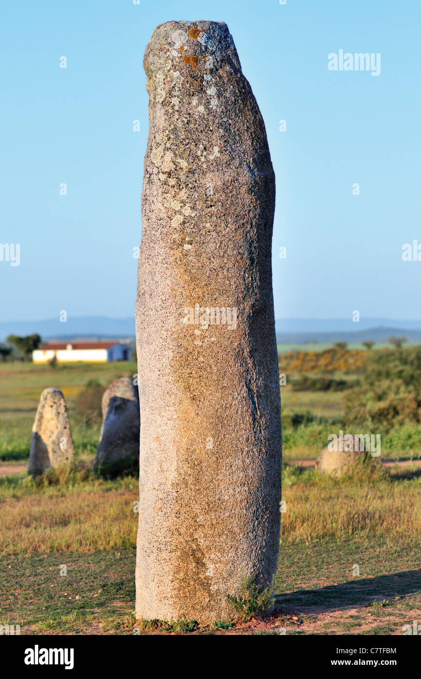 Portugal, Alentejo: Menhir of the stone circle Cromleque do Xerez in Telheiro, Monsaraz Stock Photo