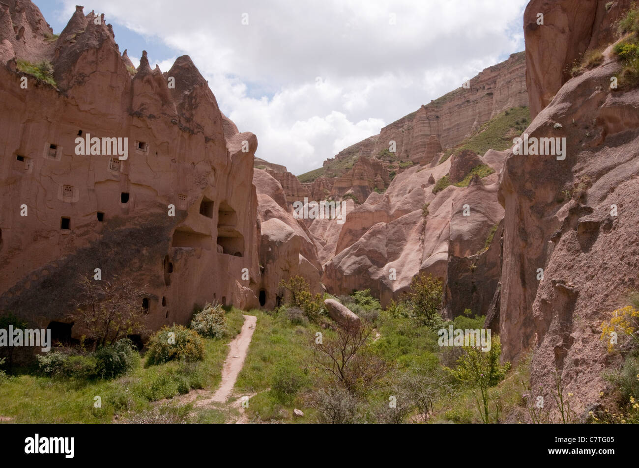 View of valley with fairy chimneys and rock formations, Zelve ...
