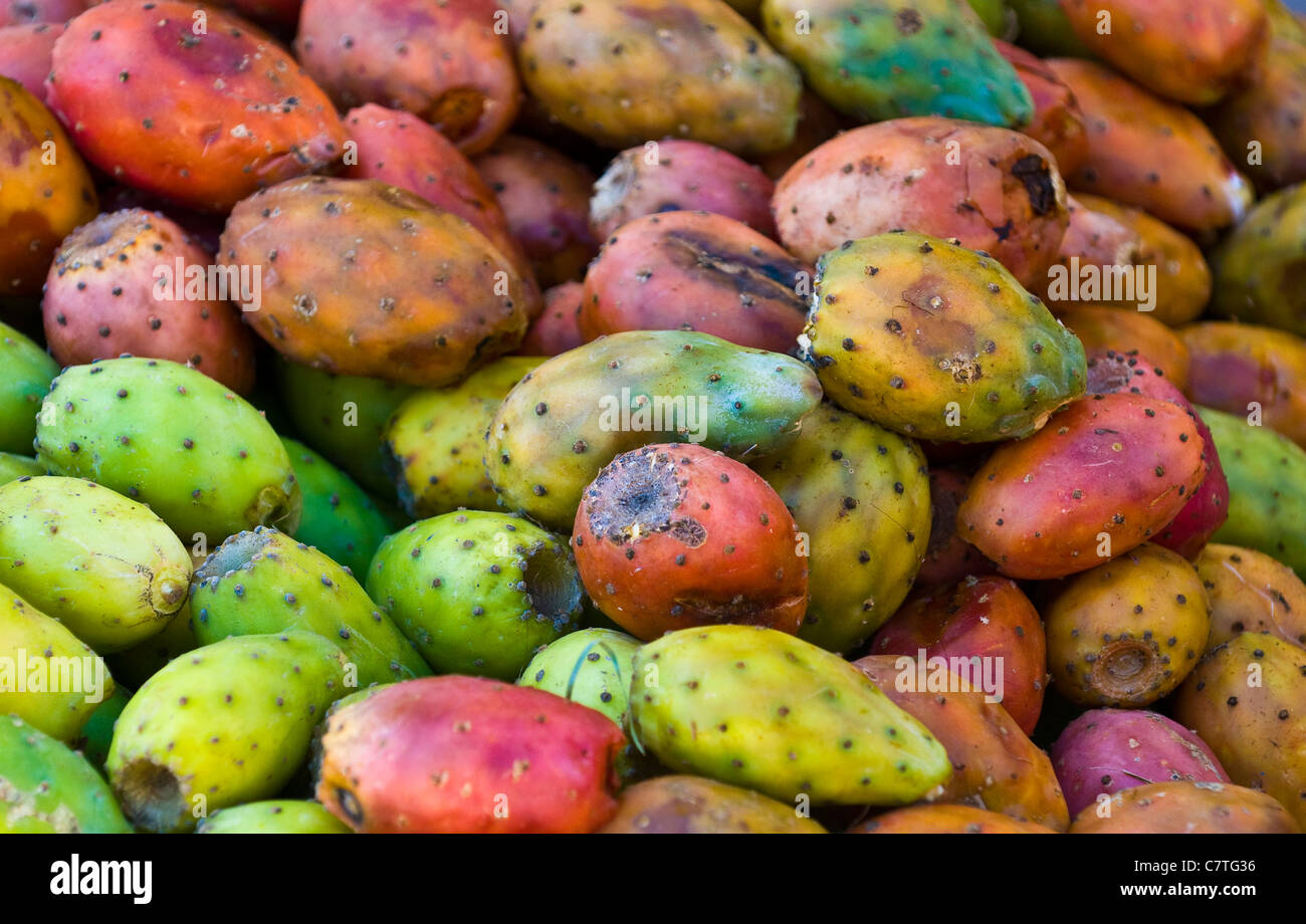 Close-up of opuntia cactus fruits in a market in Cusco Peru Stock Photo