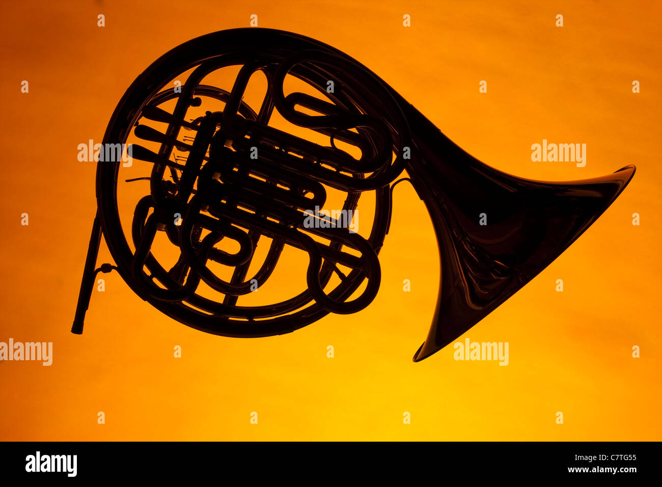 A French horn silhouette isolated against a gold yellow background in