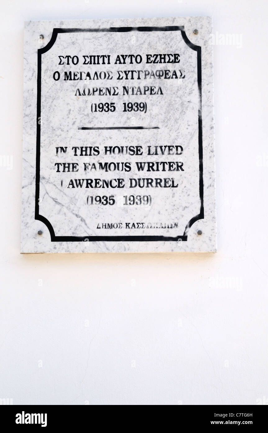 Plaque  to writer Lawrence Durrel at The White House Kalami Corfu Greece Stock Photo