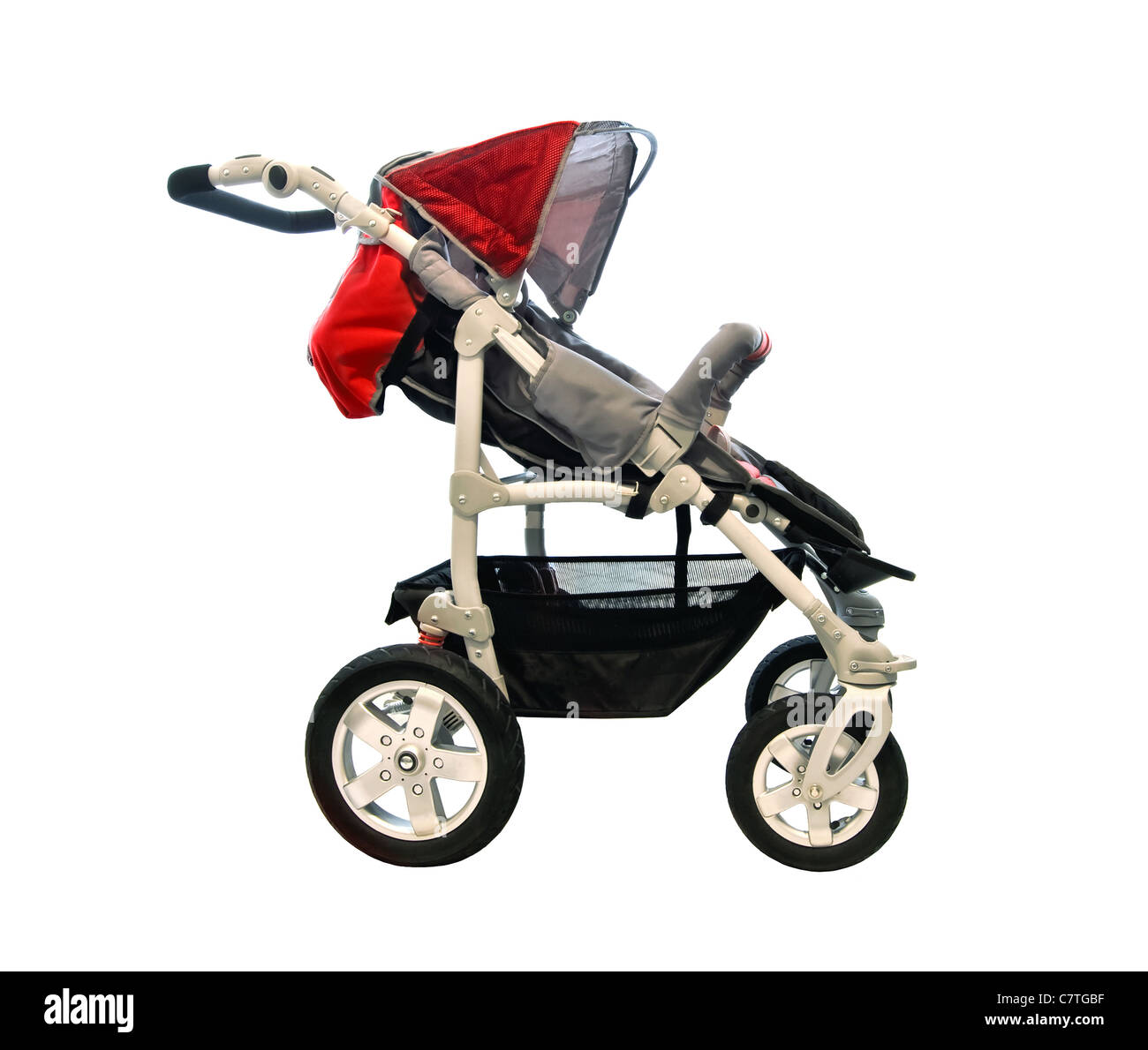 red baby stroller isolated on white background Stock Photo