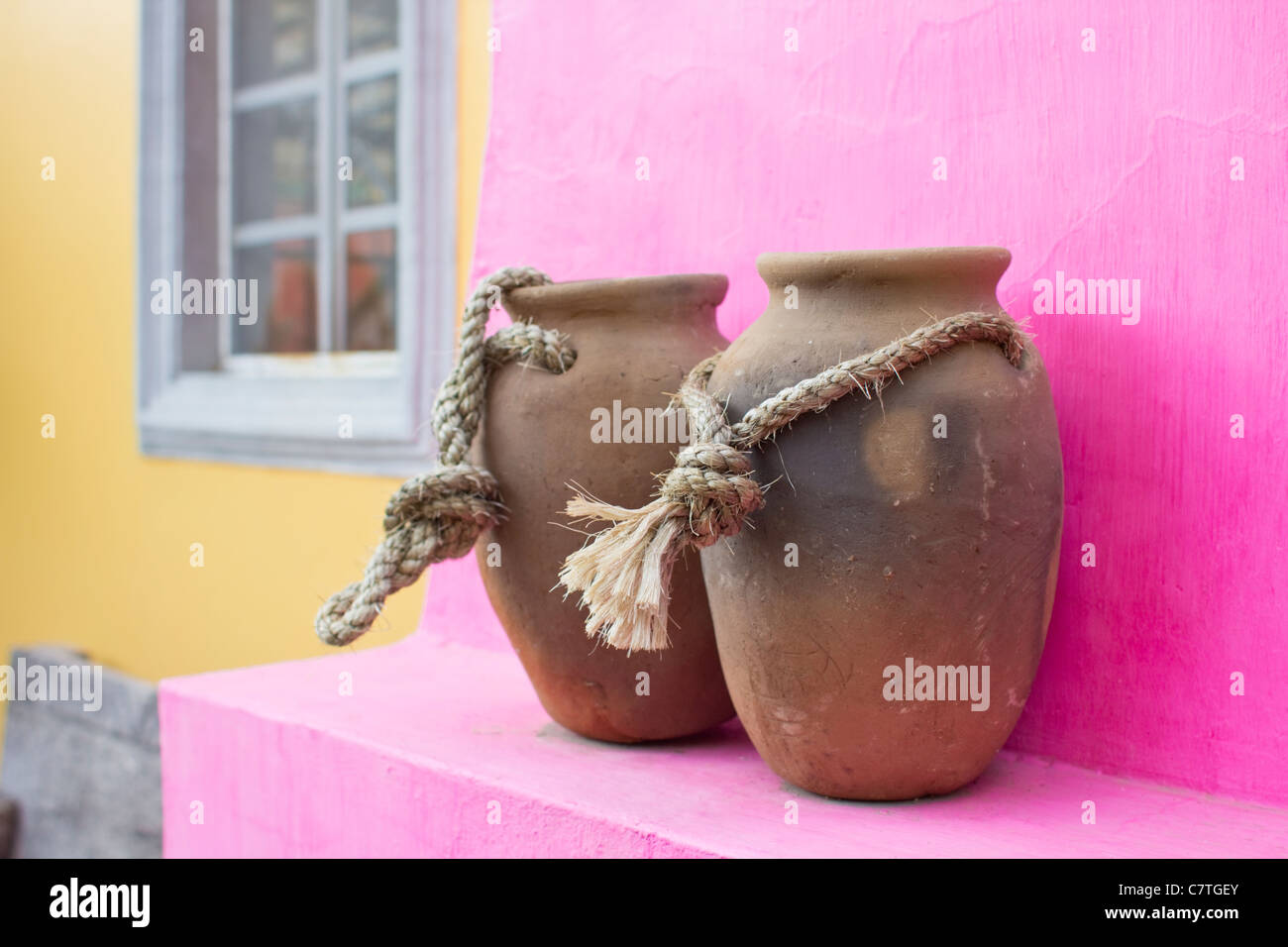 Architectural detail, clay pots, colorful wall, outdoor patio, Ajijic, Chapala, Jalisco, Mexico, Latin America. Stock Photo