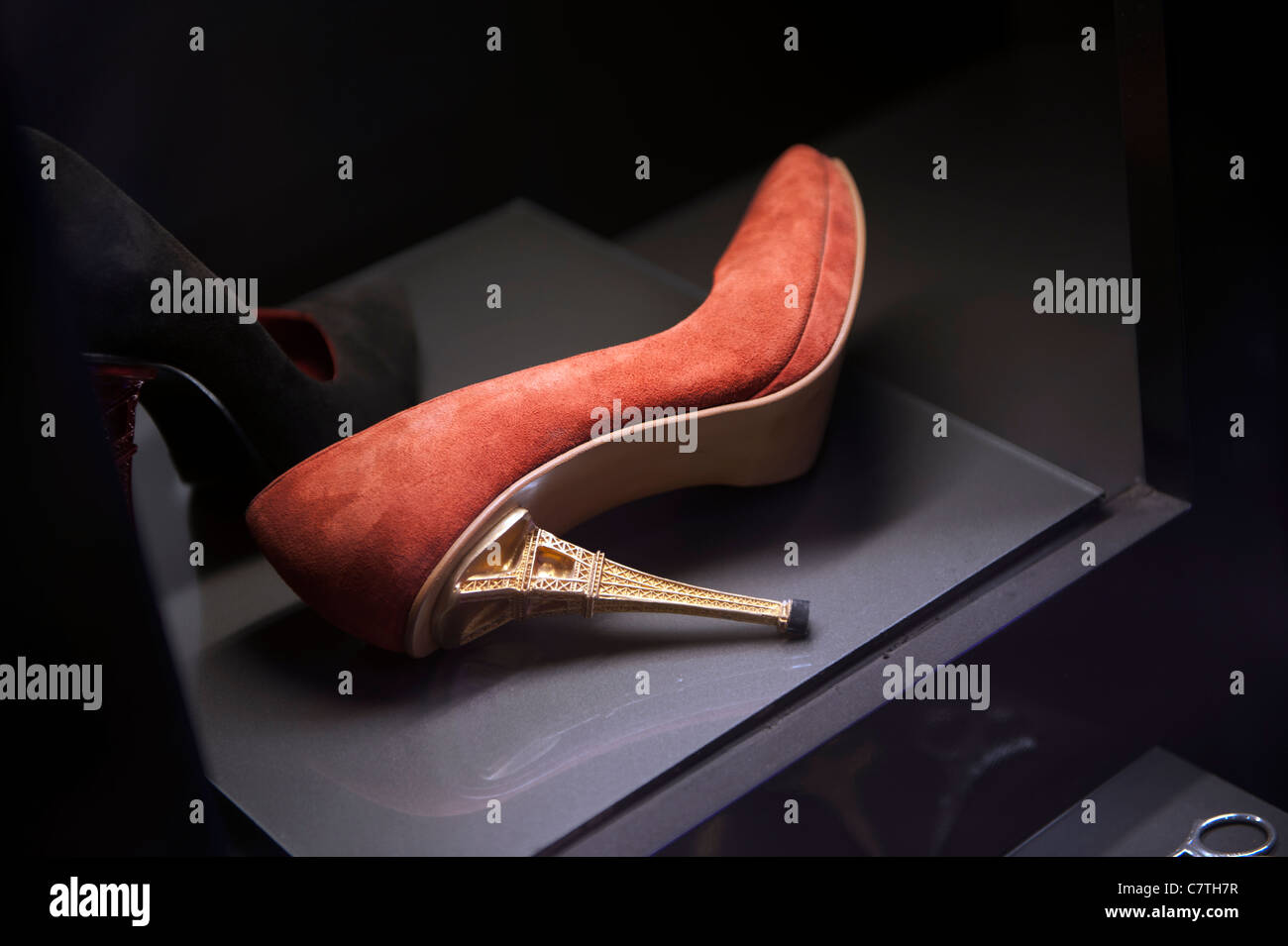 Paris, France. The Eiffel Tower and shoe showing Tower heels on display in  first floor exhibition space Stock Photo - Alamy