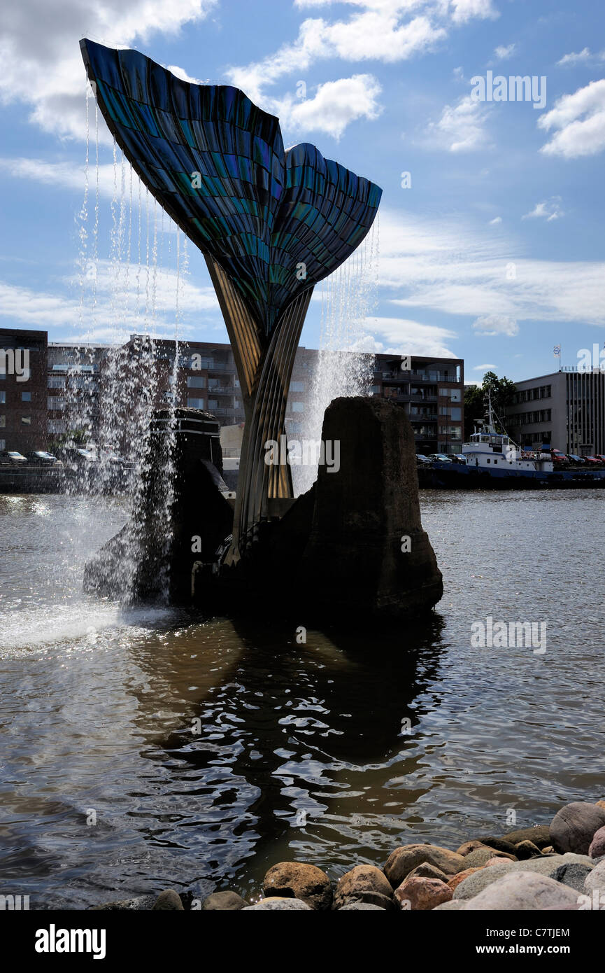 A fountain sculpture Harmony, 1996, by Achim Kuhn. The sculpture is also known as Flukes. Guest Harbour, Aurajoki river, Turku, Stock Photo