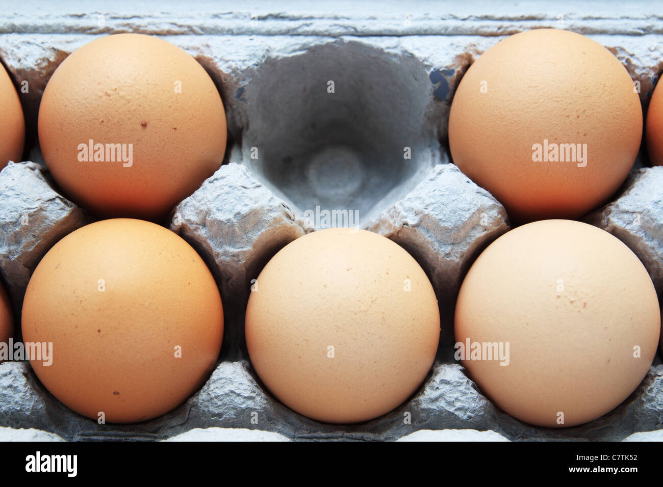 one brown egg missing from a gray cardboard carton with five still visible Stock Photo