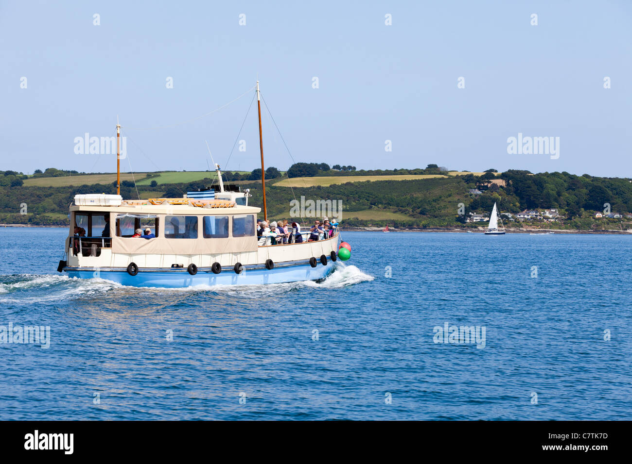 The St Mawes Ferry 'May Queen' between Falmouth and St Mawes, Cornwall UK - here crossing Carrick Roads and approaching St Mawes Stock Photo