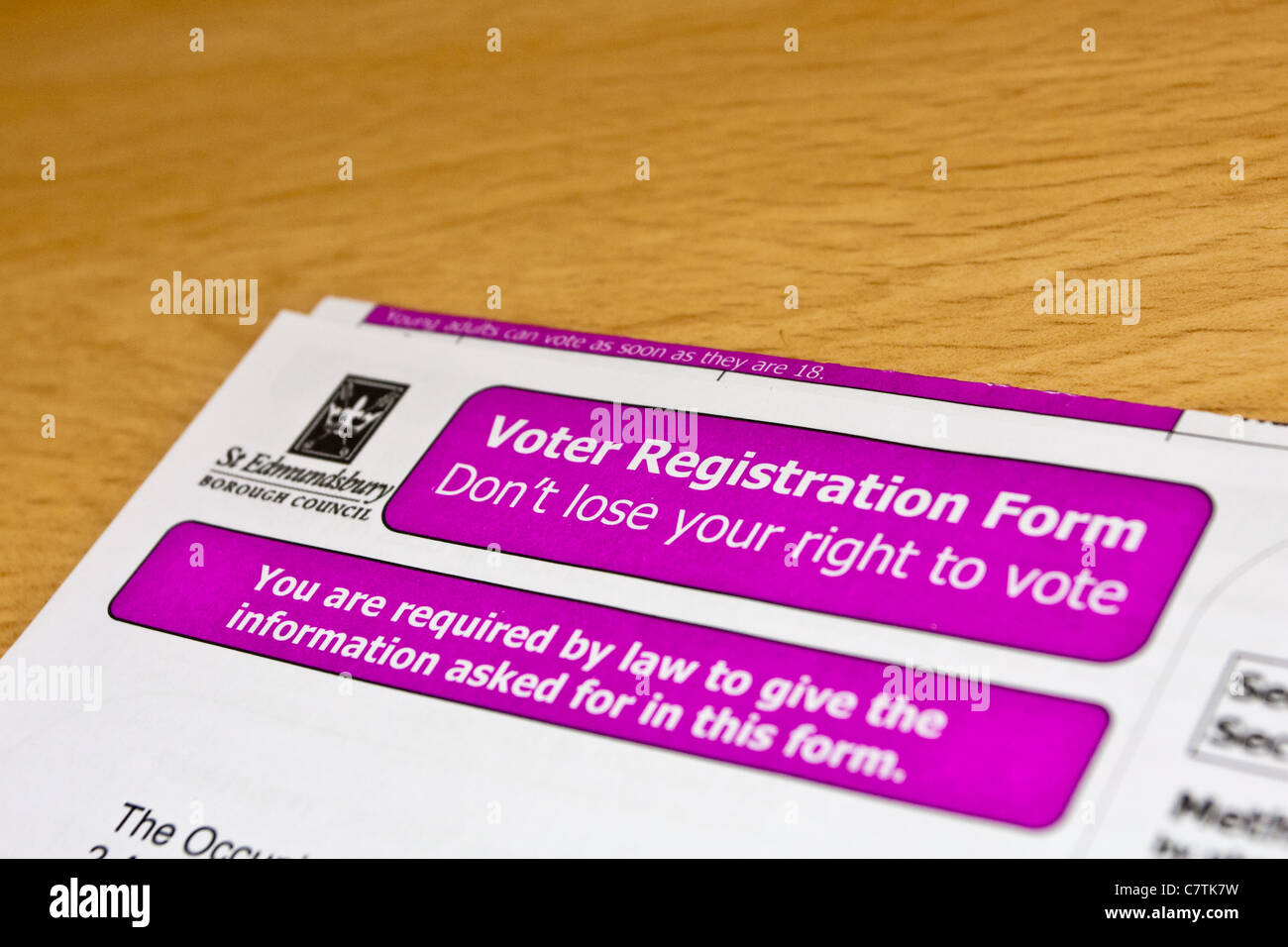 Voter registration form for the electoral register in Bury St Edmunds, UK Stock Photo