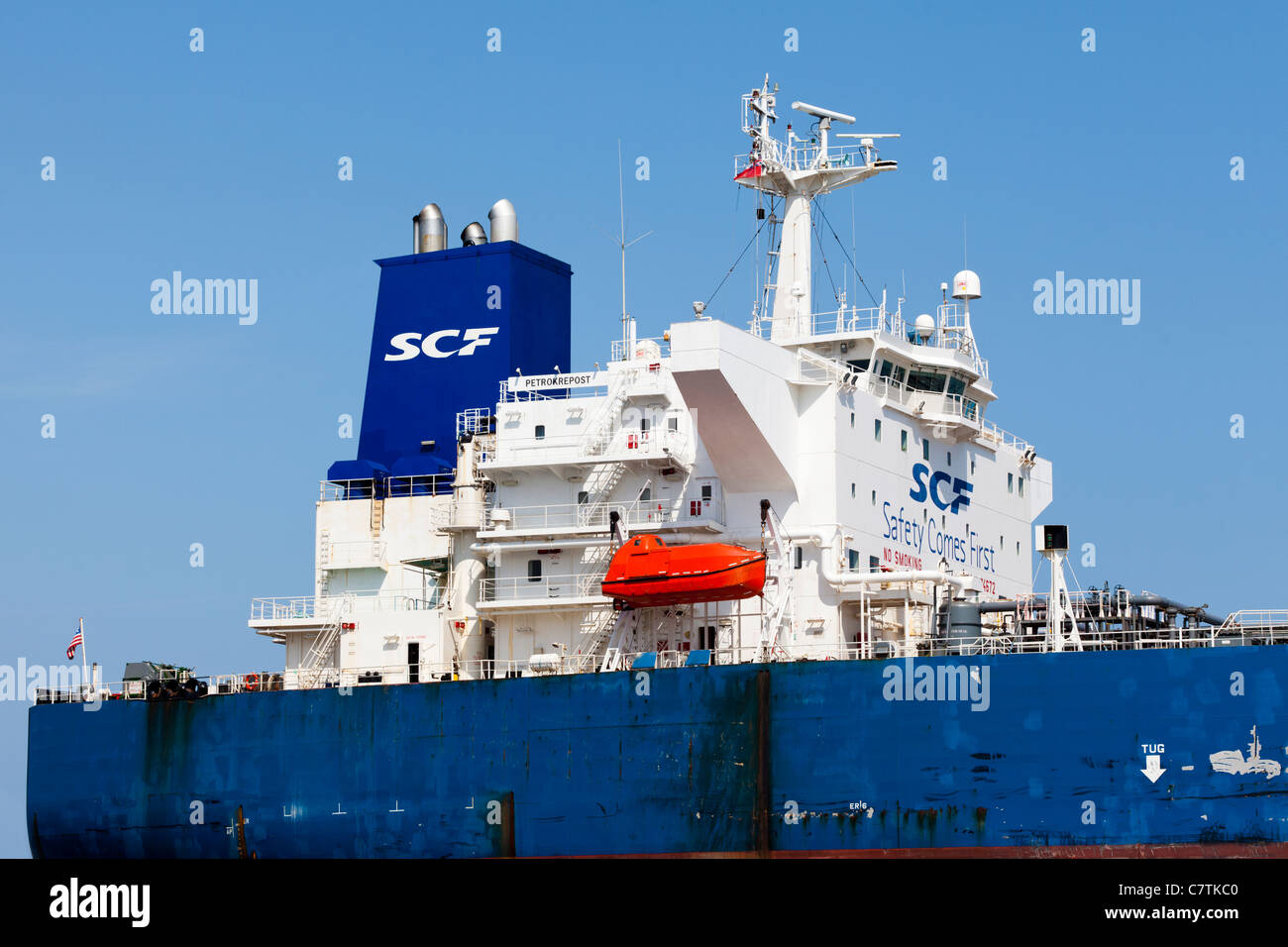Detail of the Liberian registered tanker Petrokrepost in Falmouth Bay, Cornwall Stock Photo
