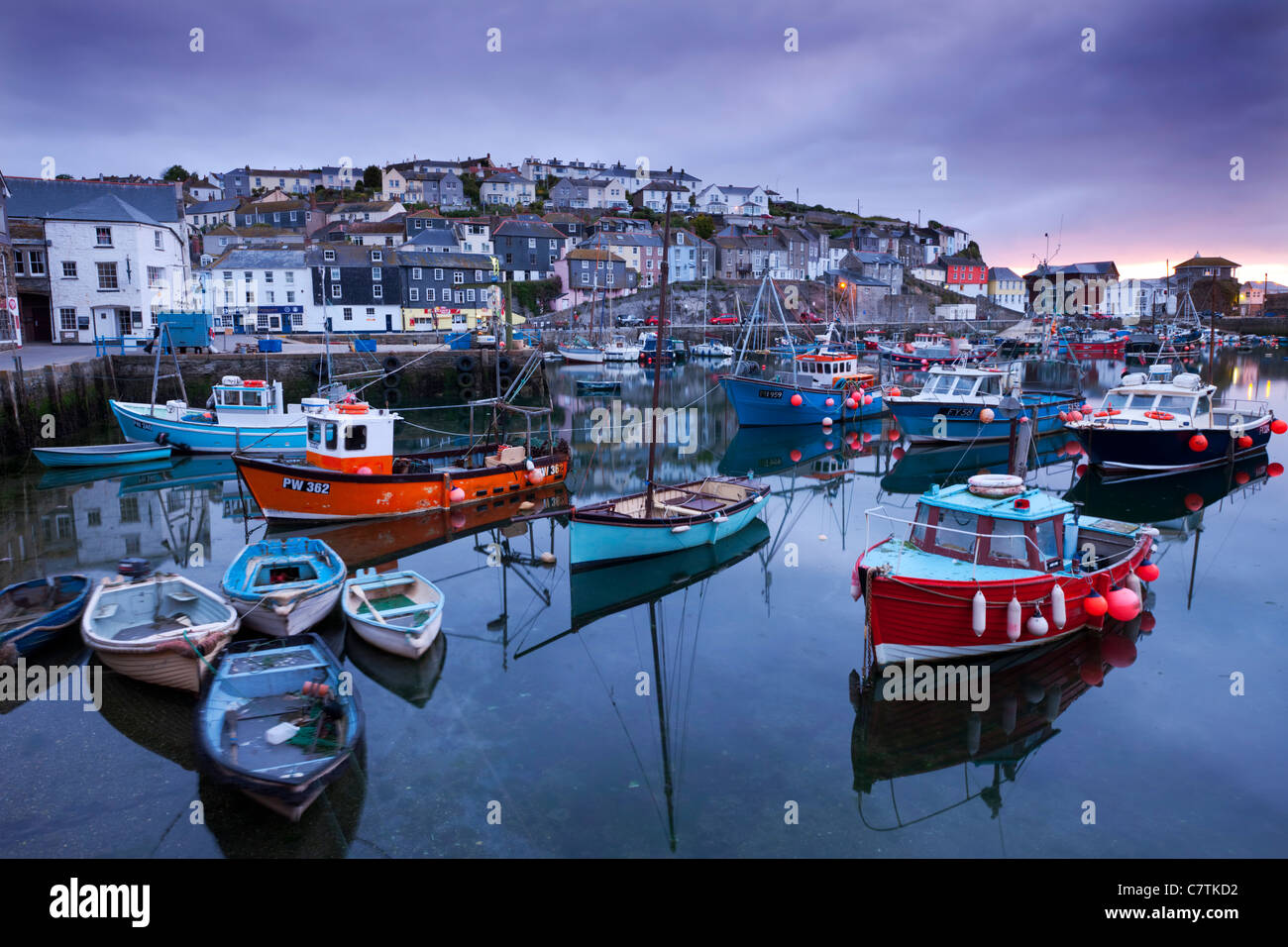 Sunrise over the picturesque harbour at Mevagissey, Cornwall, England. Spring (May) 2011. Stock Photo