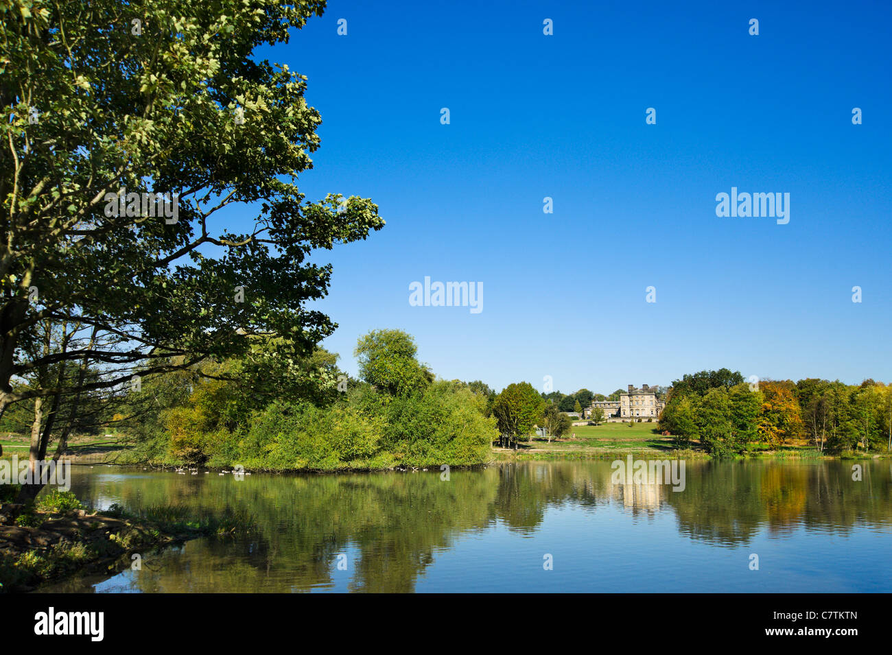 Bretton Hall from across the Lower Lake, Yorkshire Sculpture Park, Wakefield, West Yorkshire, England, UK Stock Photo