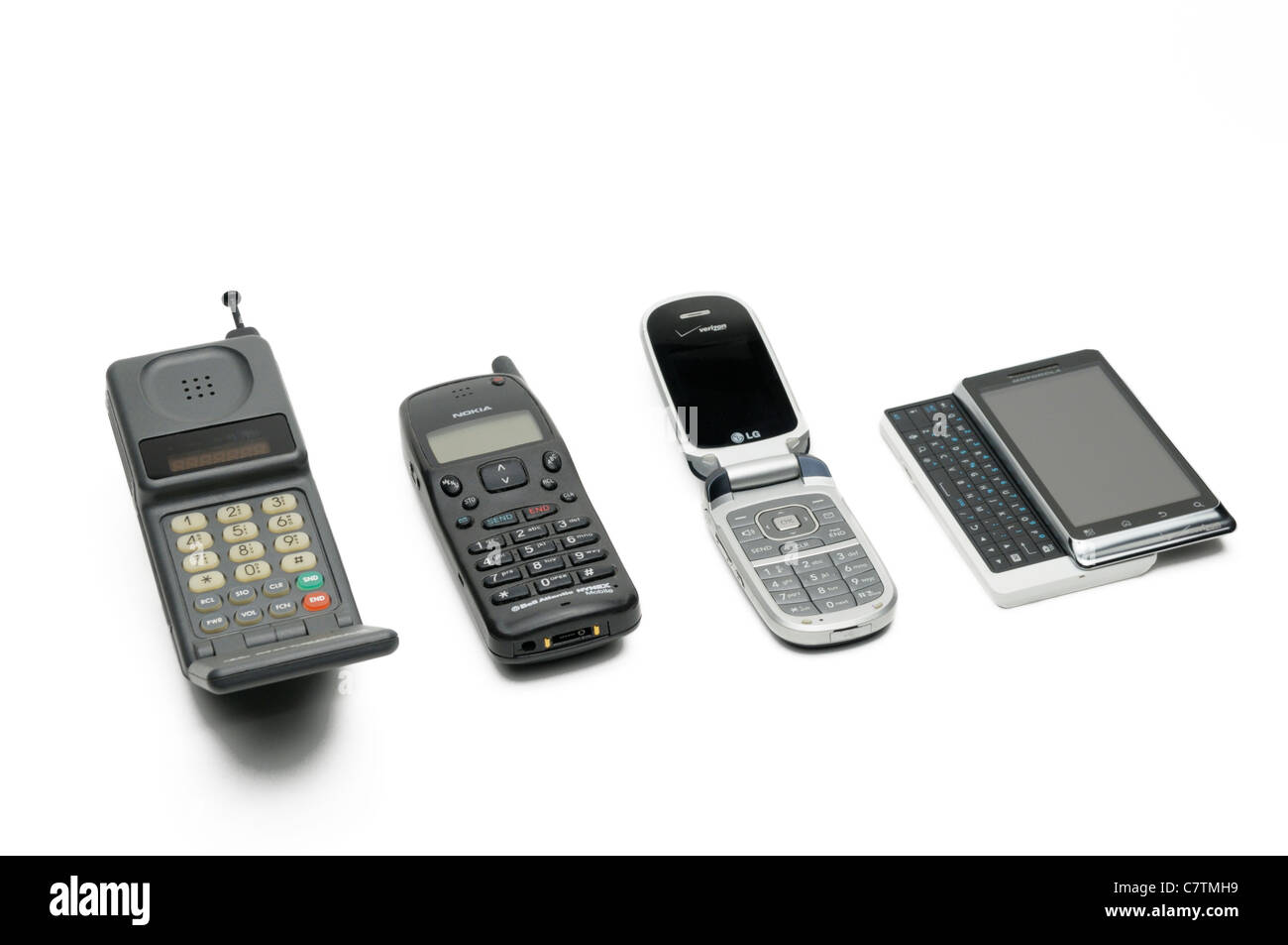 Mobile/cell phone evolution.  Four generations of phones getting progressively smaller and more functional Stock Photo