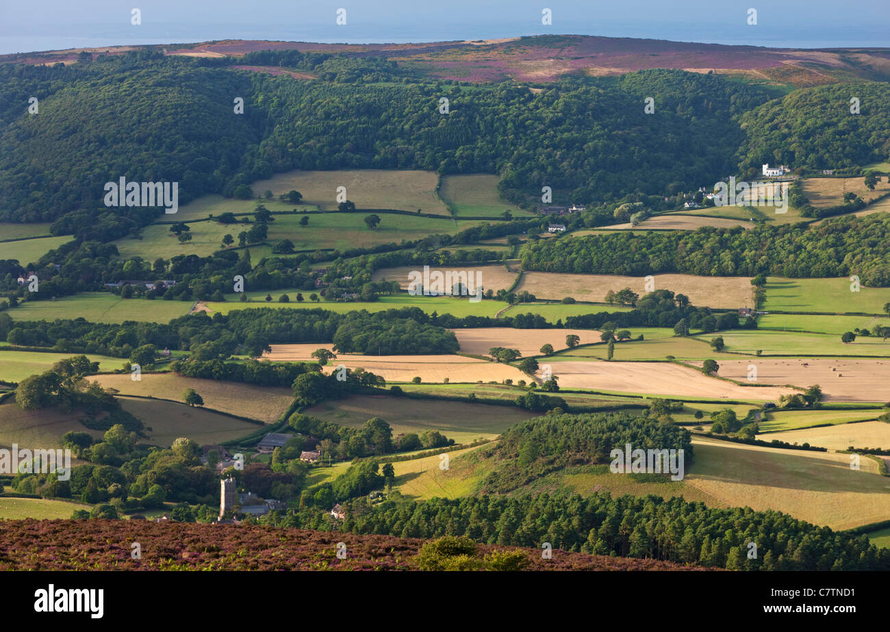 Churches and rolling countryside in the Vale of Porlock, Exmoor, Somerset, England. Summer (August) 2011. Stock Photo