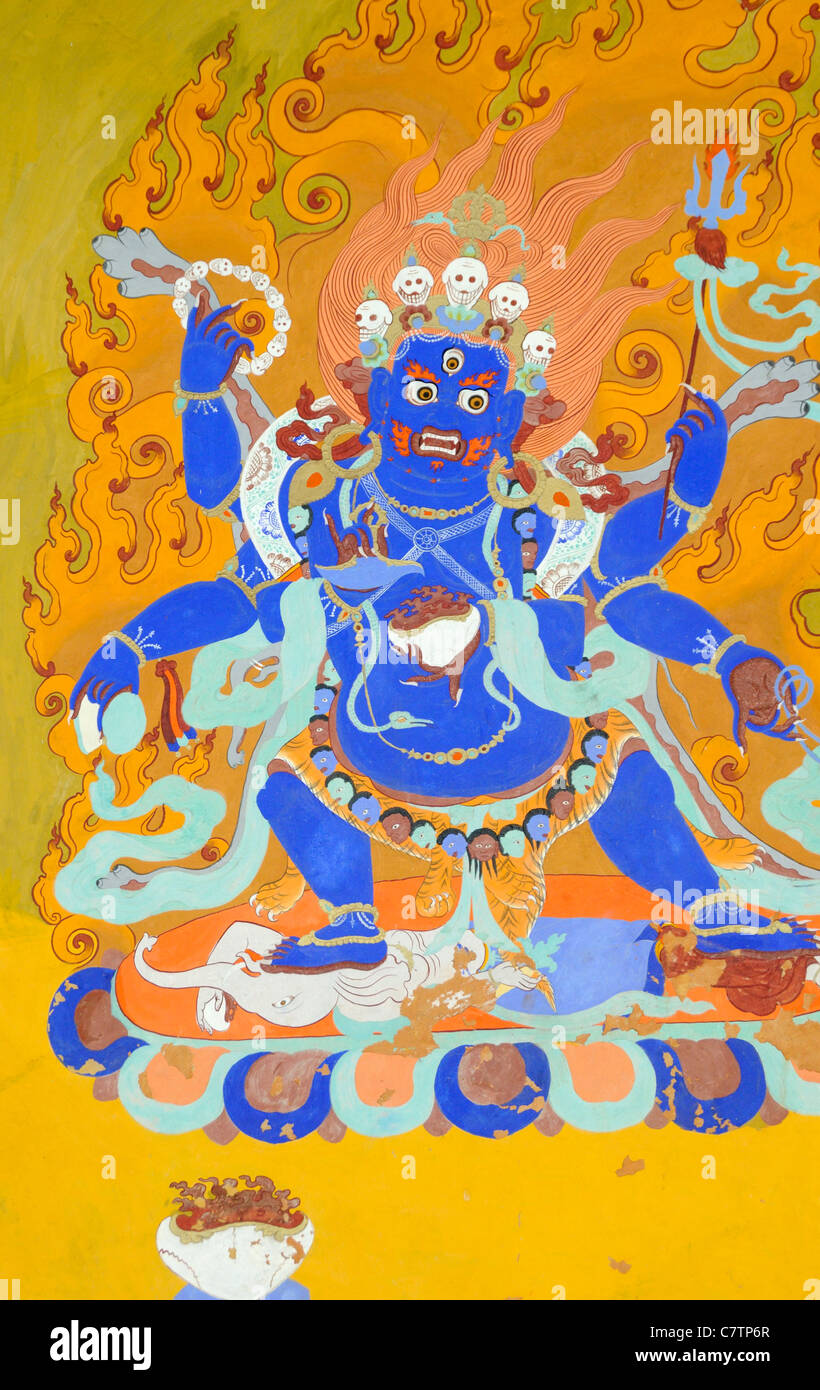 Mural painting of a wrathful blue deity. Thikse Gompa, Monastery, Tikse, Tiksey,  Thiksey, Thiksay. Thiksey, Ladakh, Stock Photo