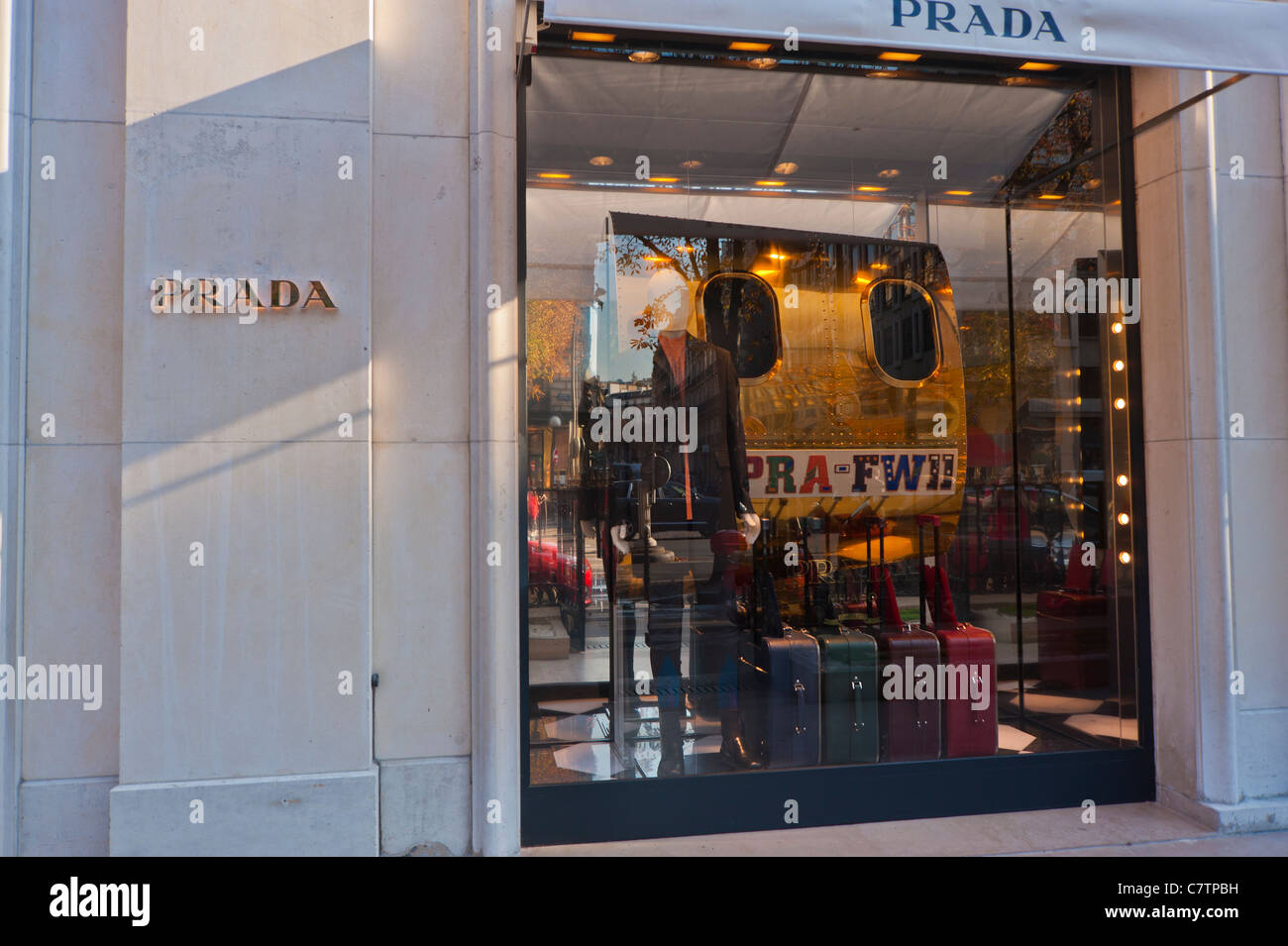Paris, France, Luxury Clothes, Prada Shop Front Window, displays fashion  clothes shop name Stock Photo - Alamy