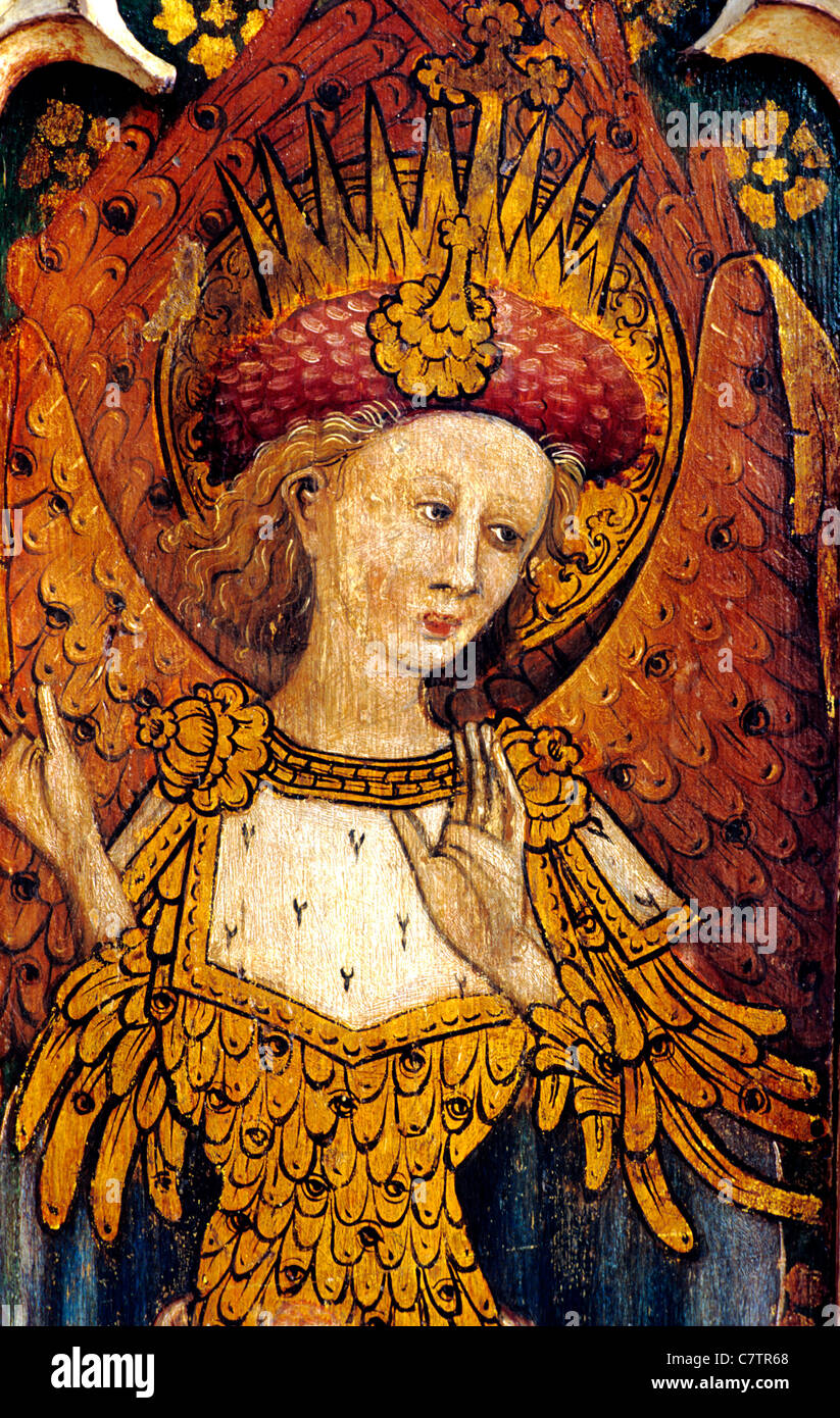 Barton Turf, Norfolk, rood screen, Cherubim, one of The Nine Orders of Angels, detail, Superior Hierarchy, gold plumage covered Stock Photo