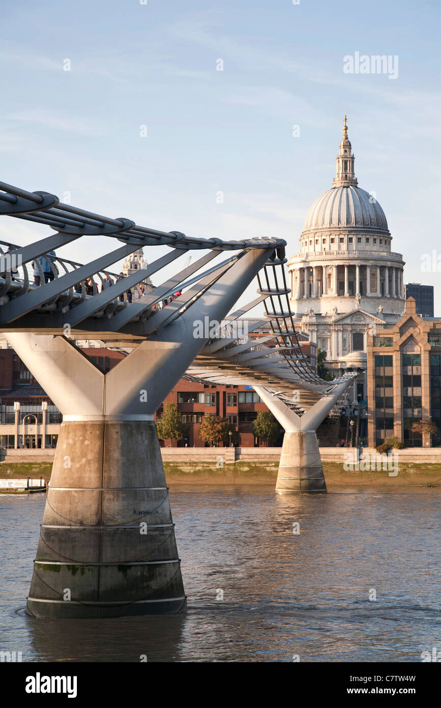 Millennium foot Bridge, London Millennium Footbridge and St. Paul's Cathedral London. Stock Photo