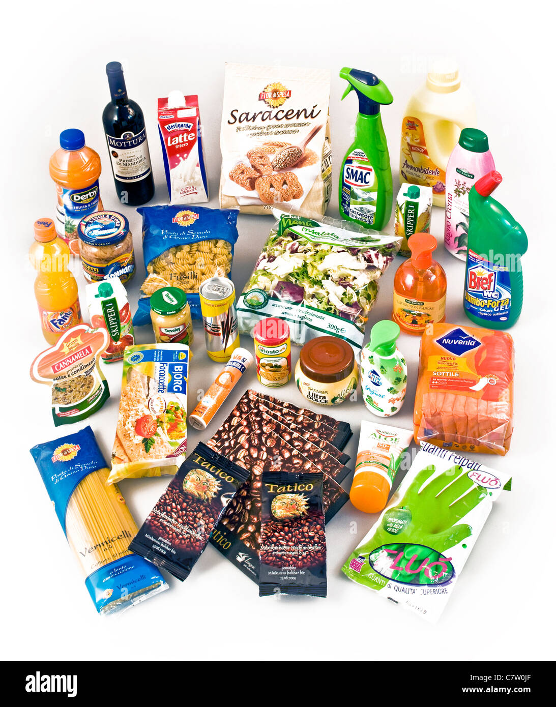 Assorted food, cleaning and beauty products Stock Photo