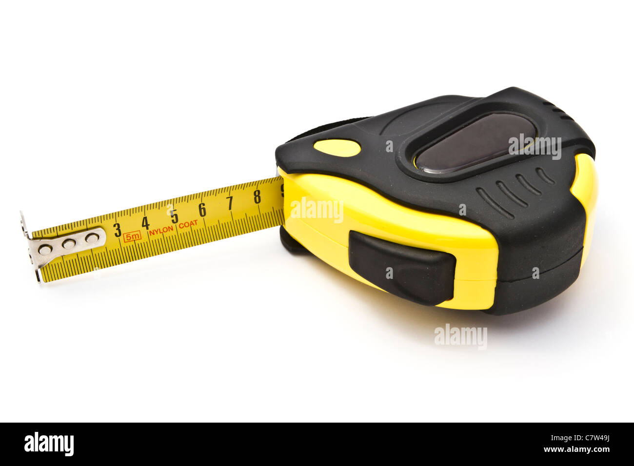Yellow tape measure closeup on white background Stock Photo Alamy