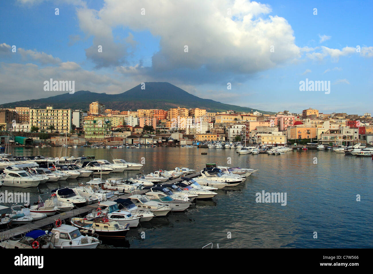 Italy, Campania, Torre del Greco, the harbour and the Vesuvius in background Stock Photo