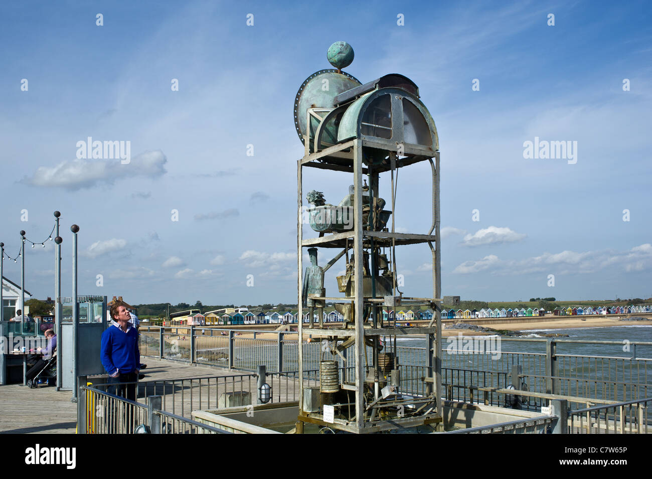 Mechanical Water Clock sculpture on Southwold Pier in Suffolk Stock Photo