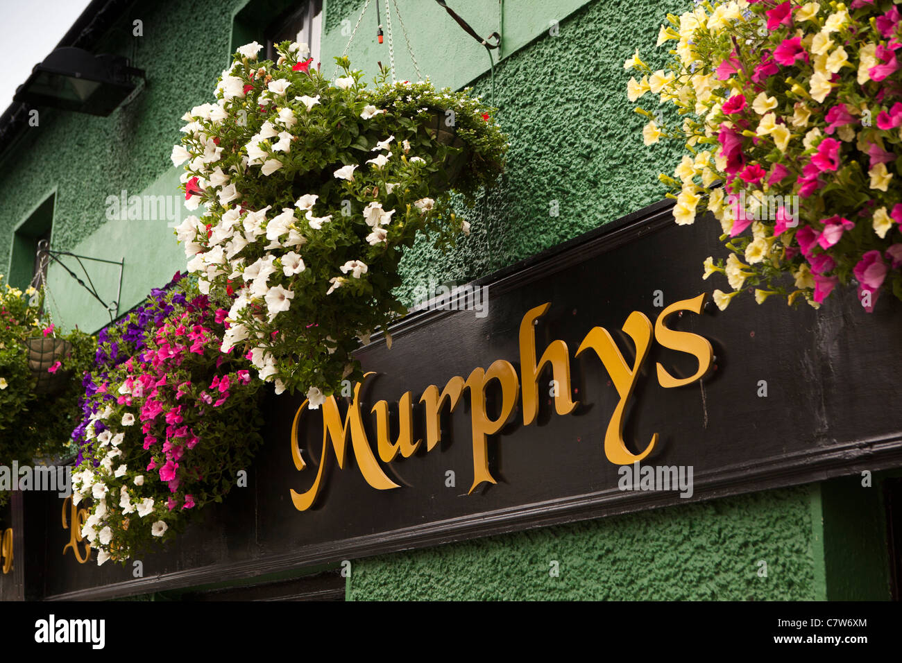 Ireland, Co Wicklow, Blessington Main Street, floral hanging baskets