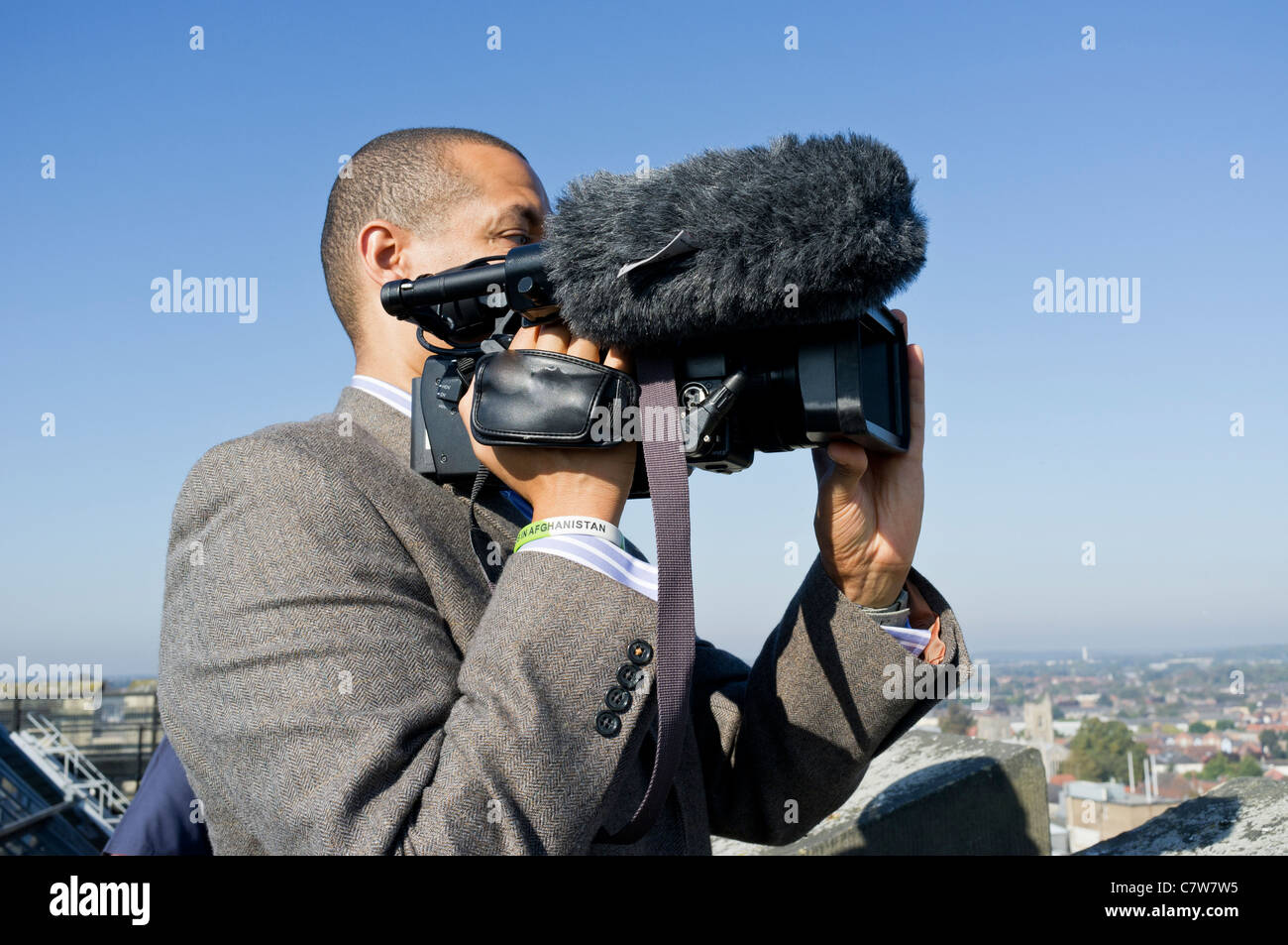 Cameraman with professional TV camera filming from Norwich Castle Stock Photo