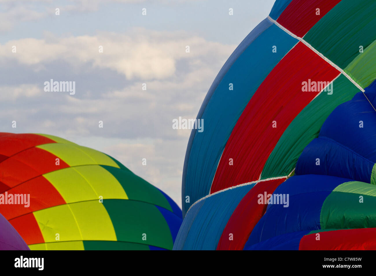 Hot air balloons, still soft, are inflating in early morning with