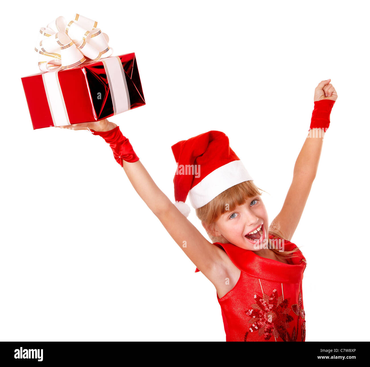 Little girl in Santa hat with Christmas red gift box Stock Photo - Alamy