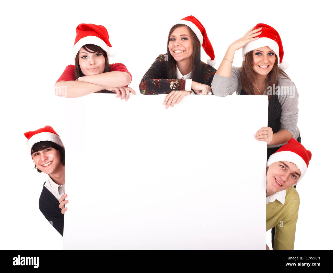 Group people in Santa hat holding banner Stock Photo - Alamy