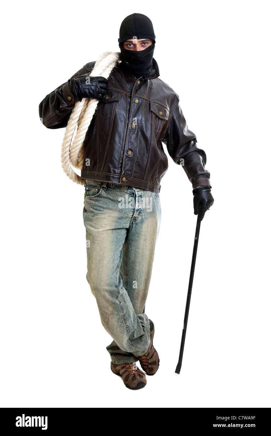 Burglar with rope and crowbar isolated in white Stock Photo Alamy