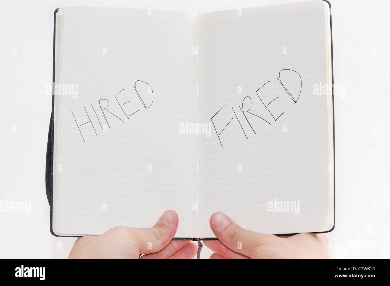 Hired/Fired choices on notepad, white background. Stock Photo