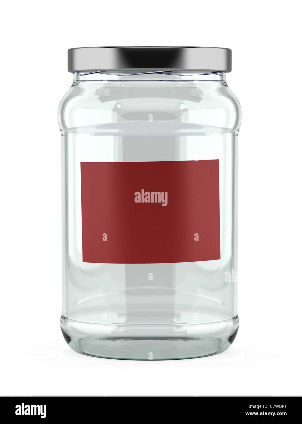 Empty glass jar with red label Stock Photo Alamy