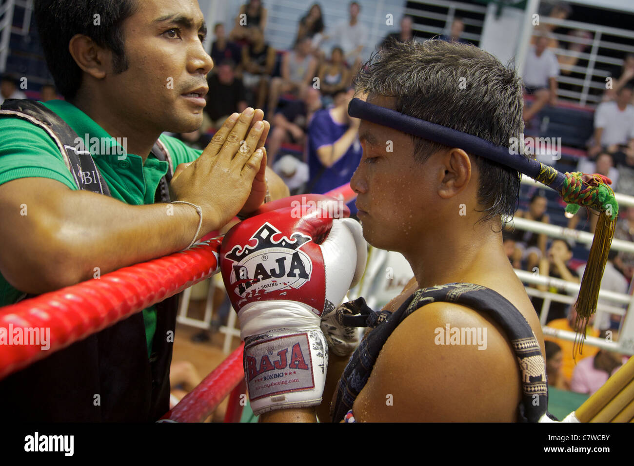 Praying before a Muay Thai, kick boxing fight, Patong, Phuket, Thailand Stock Photo