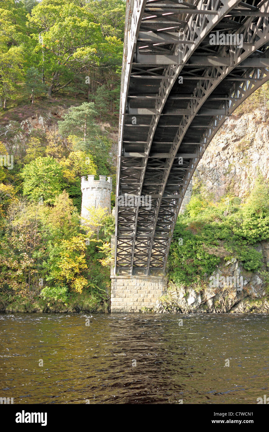 Craigellachie Bridge viewed from below on the south bank showing detail of the steel structure Stock Photo