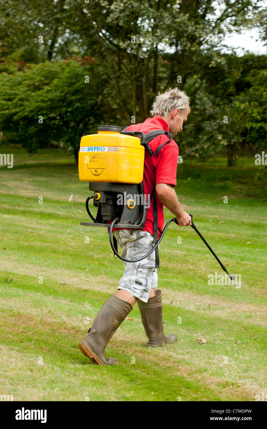 lawn treatment to spray weeds and fertilise the grass Stock Photo Alamy