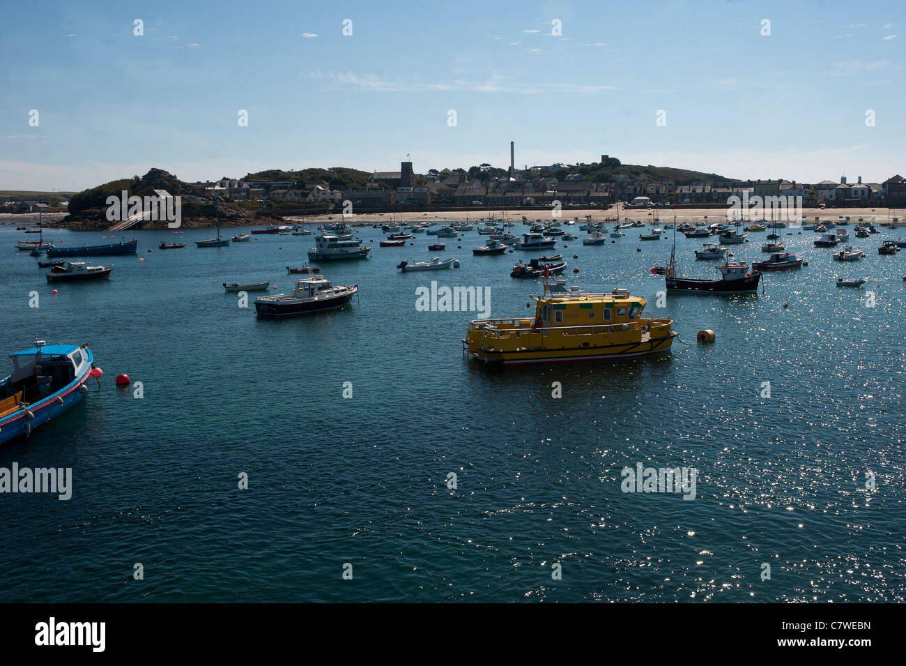 Hugh town harbour on Saint Mary's Island on the Isle of Scilly of the West coast of Cornwall Stock Photo