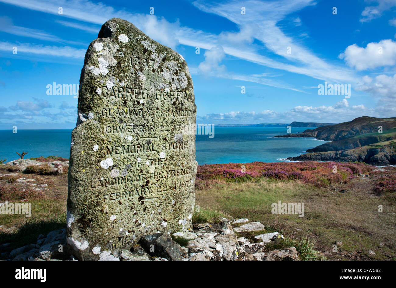 Stone marking the site of the French landing at Carreg Wastad, Pembrokeshire, in 1797 Stock Photo