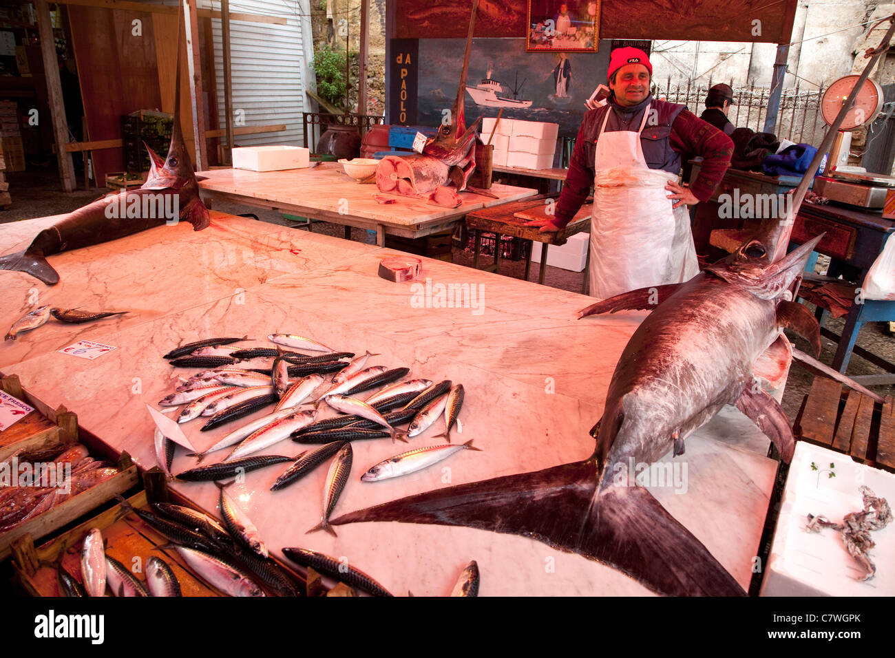 Traditional fish shop selling seafood, fish and swordfish at Ballarò